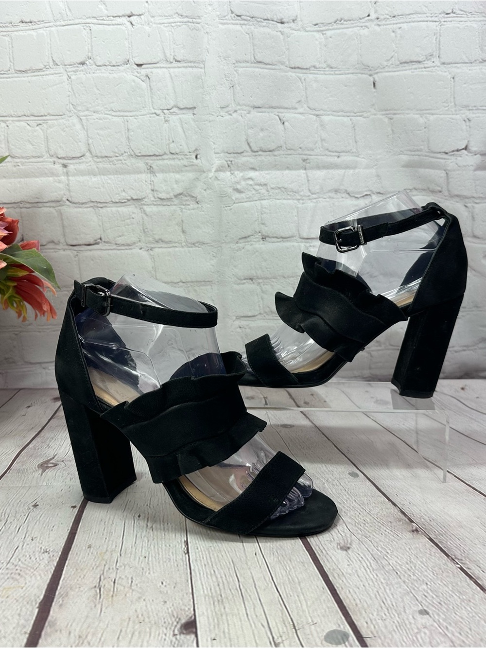 Gianni Bini Black Suede Ruffle Block Heel Sandals